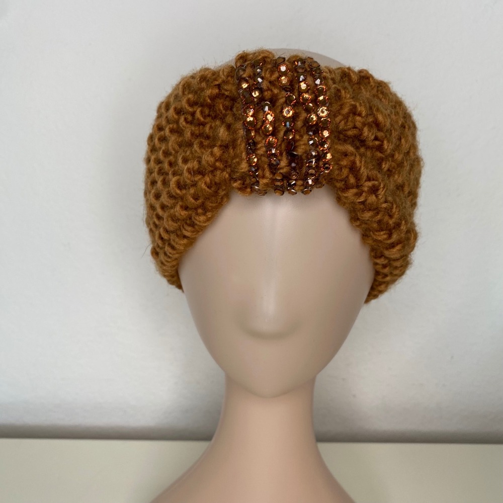 Handmade Brown‎ Chunky Knit Rhinestone Embellished Headband Ear Warmer Turban